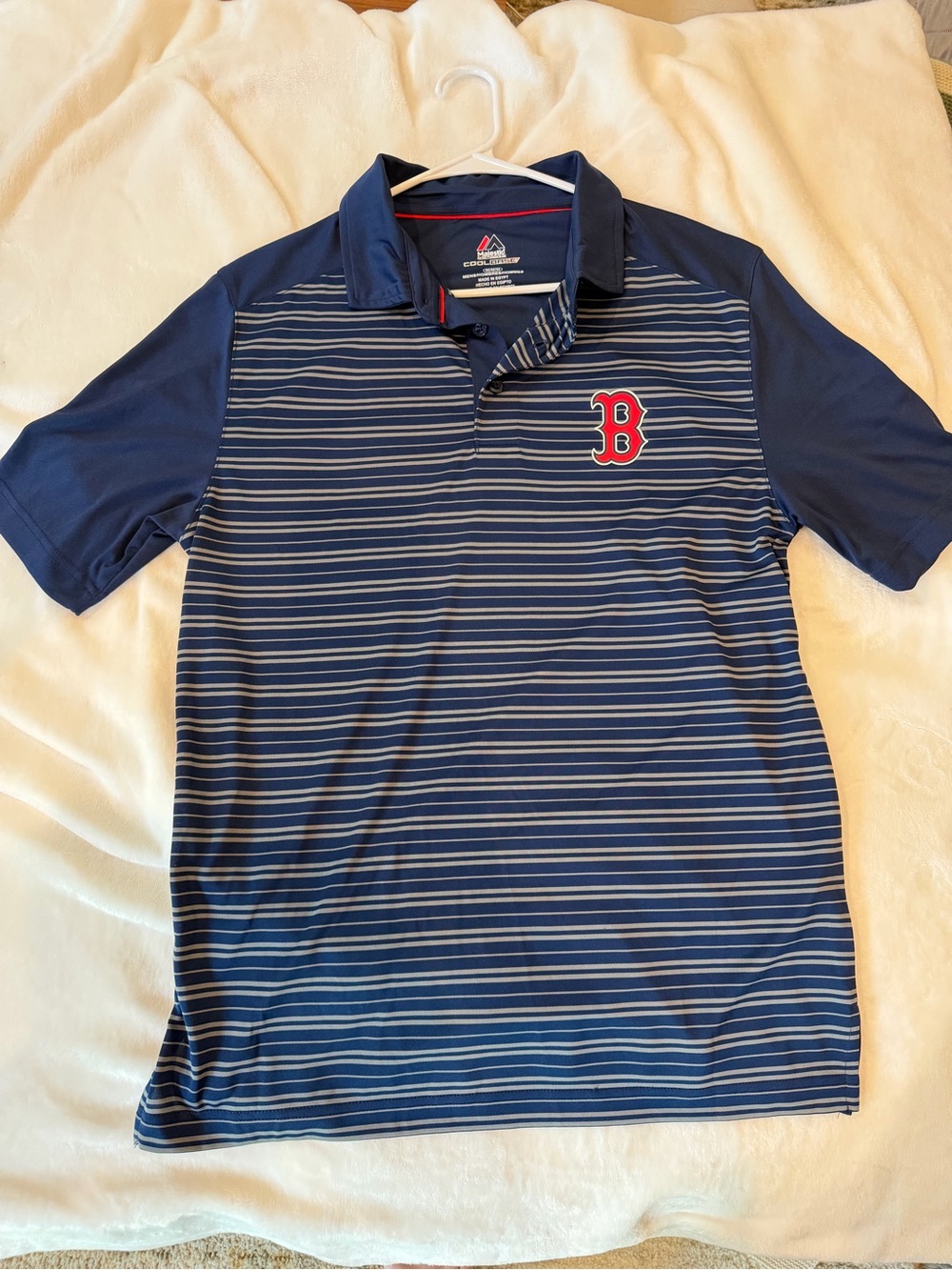 Majestic Navy Striped Polo with Red 'B' Chest Logo Boston Red Sox